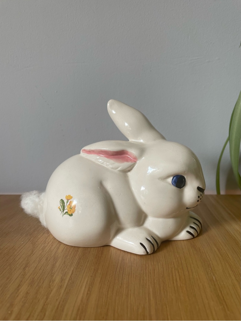 Vintage 1970s Ceramic Bunny Rabbit Figurine Cotton Ball Holder Dispenser